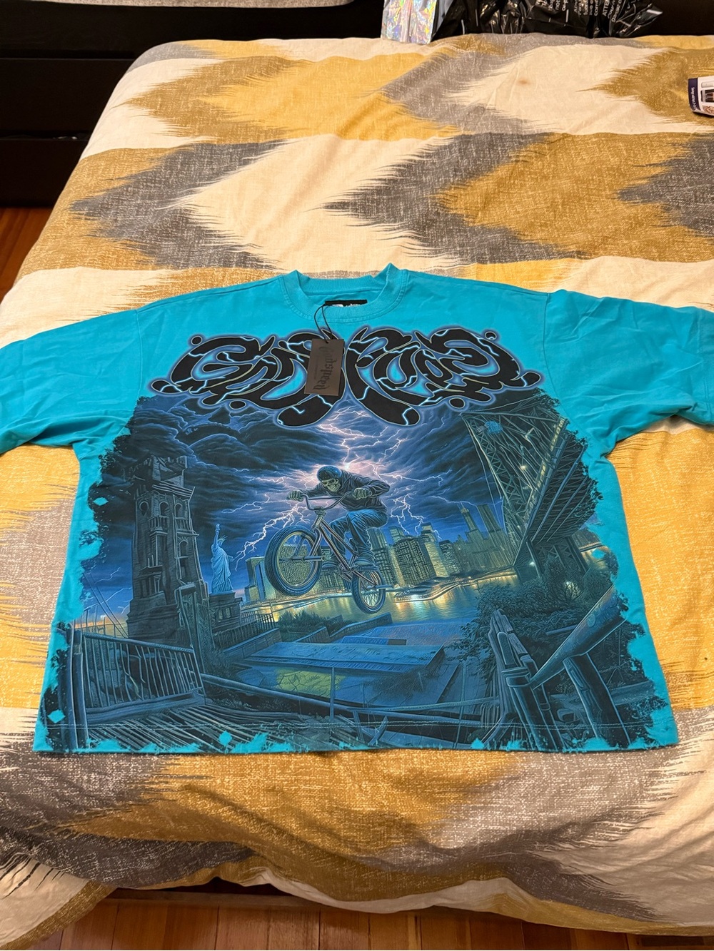 Godspeed Men's Turquoise BMX Night Scene Graphic Tee Size S